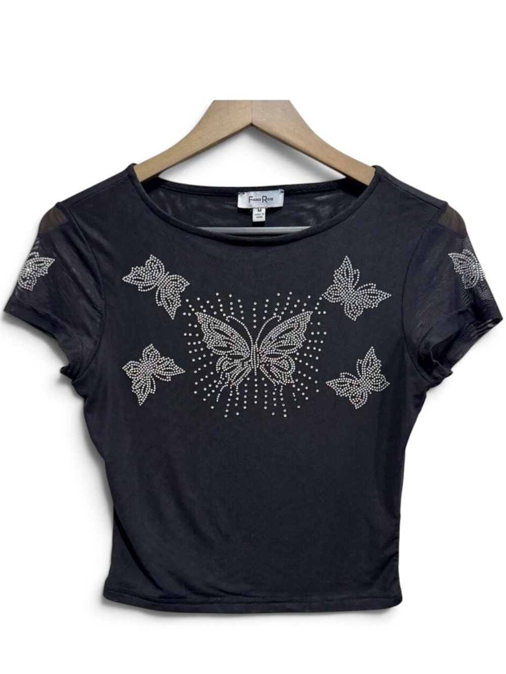 Y2K Black Mesh Rhinestone Butterfly Baby Tee Crop Top M